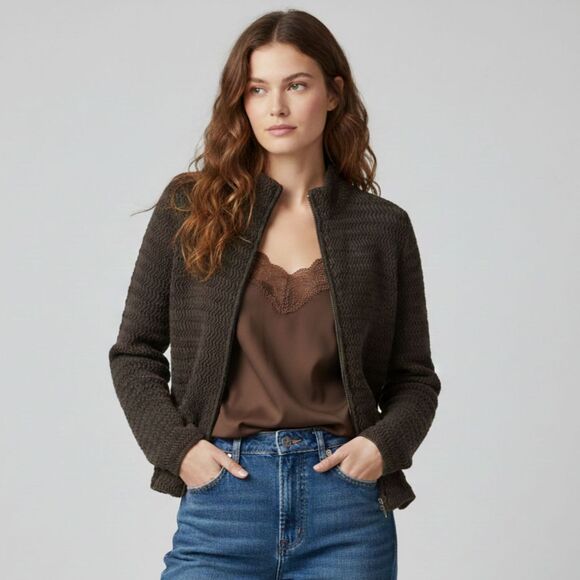 Eileen Fisher Sweaters - Eileen Fisher Textured Zip Up Cardigan Sweater Black Wool Cotton Women Medium